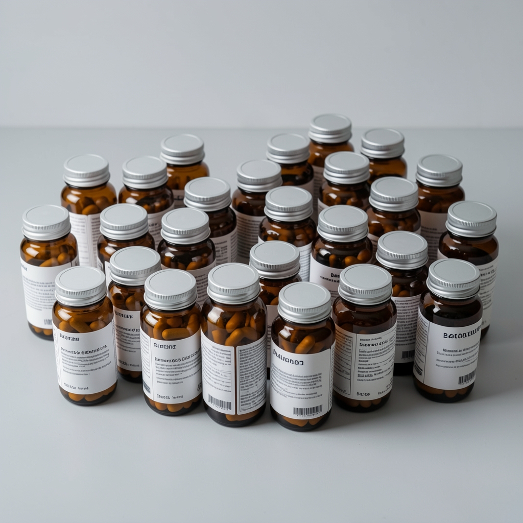 Batch-coded amber supplement containers arranged in a grid on light grey surface, quality control audit view