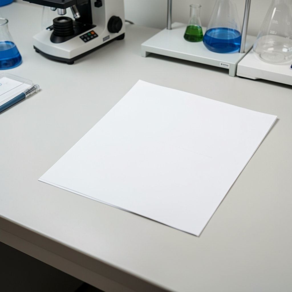 Close-up of printed certificate of composition on laboratory bench surface with controlled lighting