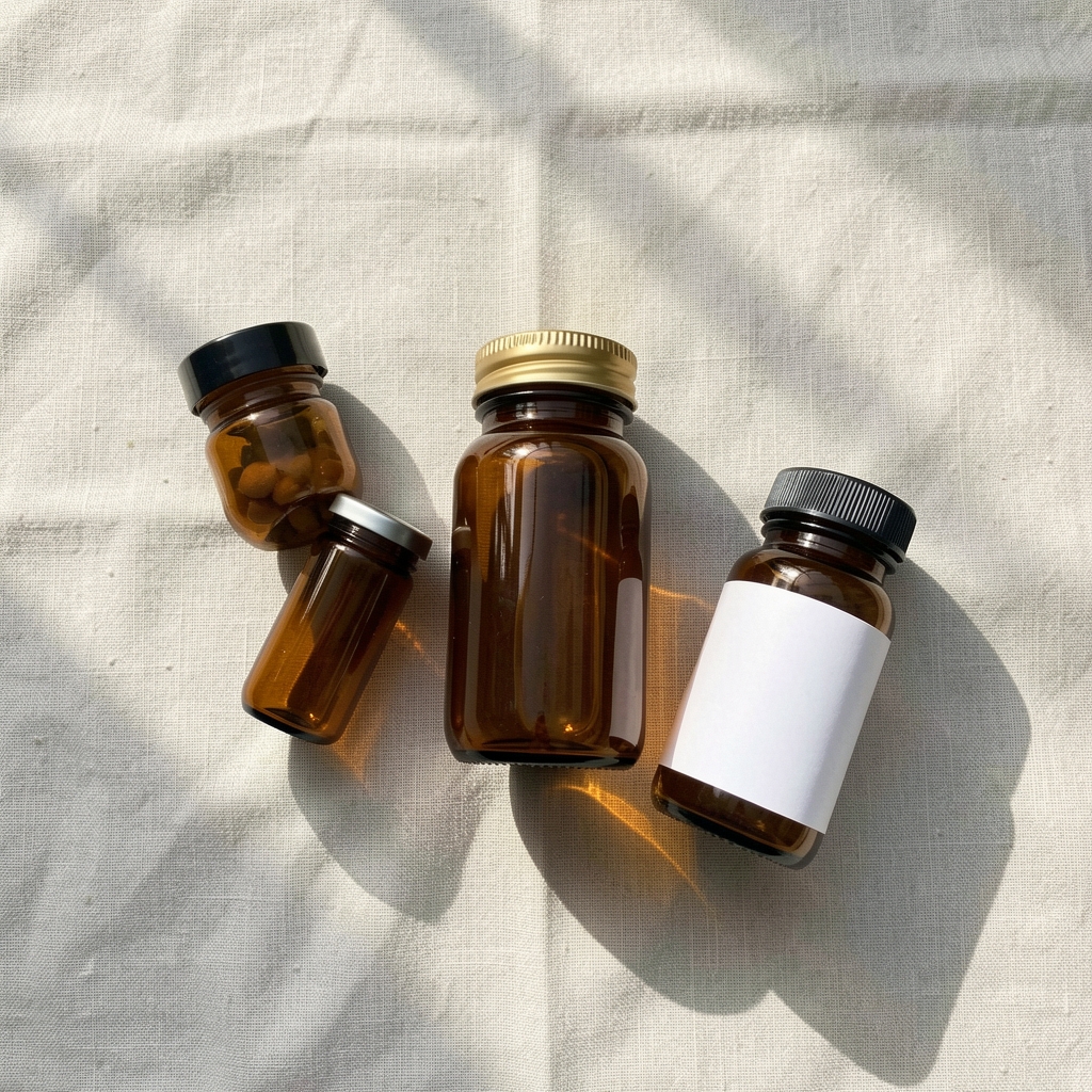 Flat-lay of amber glass supplement containers on clean linen surface with natural morning light and minimal composition