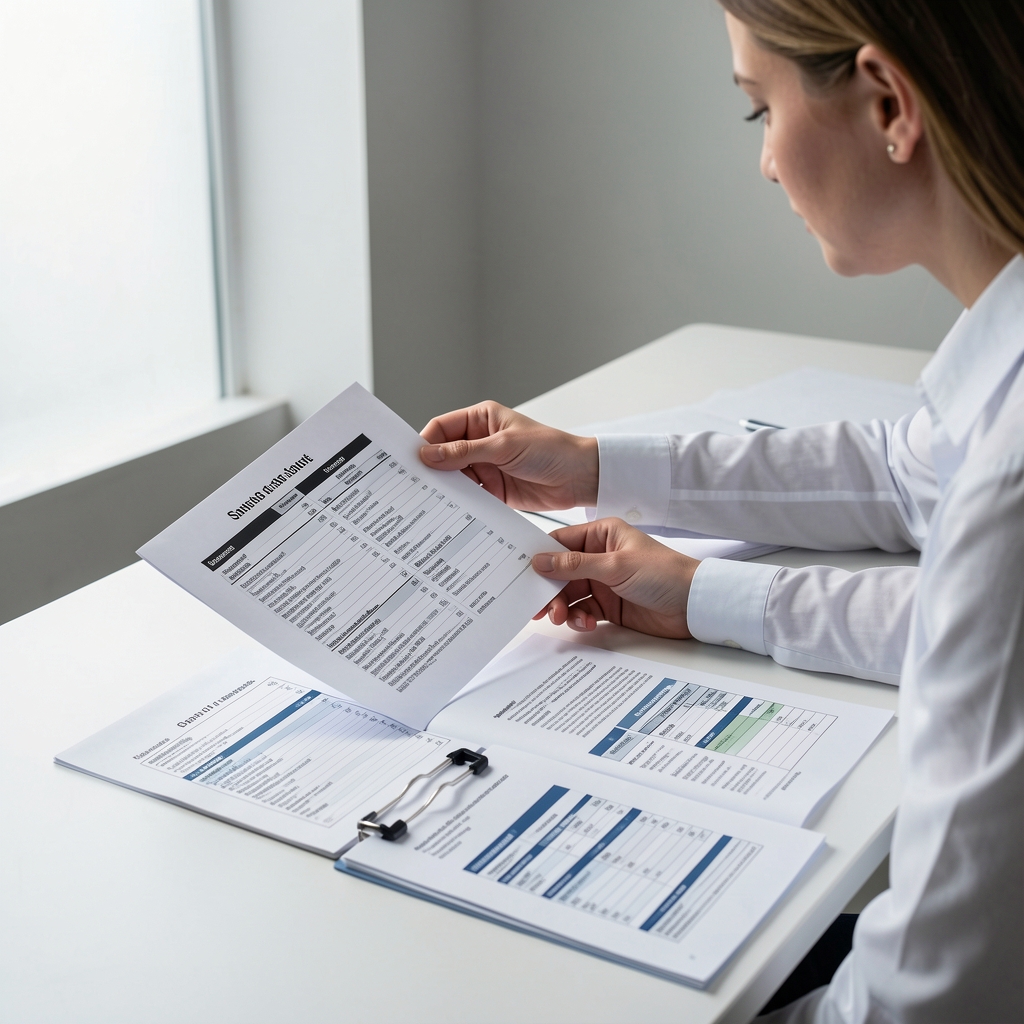 Researcher reviewing printed nutritional reference documents and ingredient data sheets on a clean desk under studio lighting