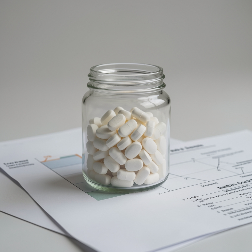 CoQ10 ingredient sample in a clear glass container placed on a neutral background with product research paperwork nearby