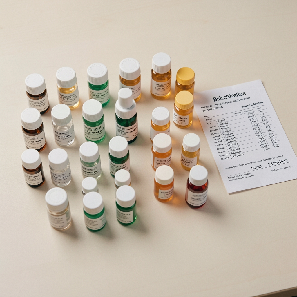 Selenium and vitamin C compounds arranged in a grid on a light-coloured surface with batch verification document beside them
