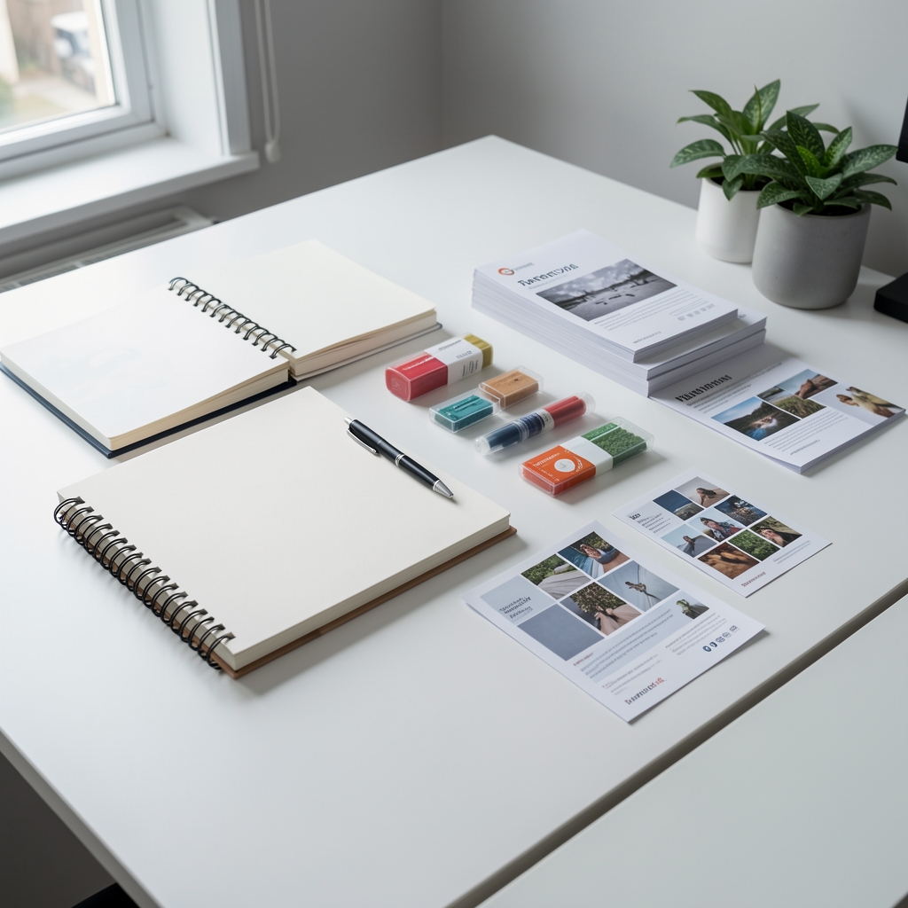 Tarenova studio workspace with notebooks, ingredient samples, and reference materials arranged on a clean white desk