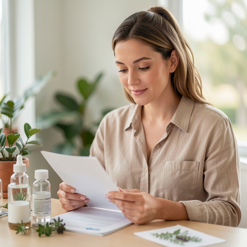 Editorial portrait of a wellness professional reviewing formulation notes at a clean, well-lit workspace with botanical reference materials